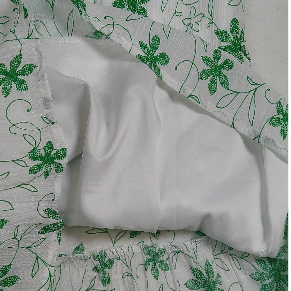 Anthropology Kindred Green Floral White Mini Dress Small Sleeve Ruffle Tie Neck - Picture 6 of 9